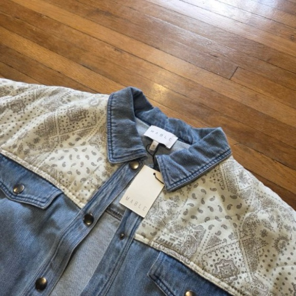Anthropologie Mable Paisley Print Contrast Denim Jacket Snap Collared Blue M - Picture 3 of 11